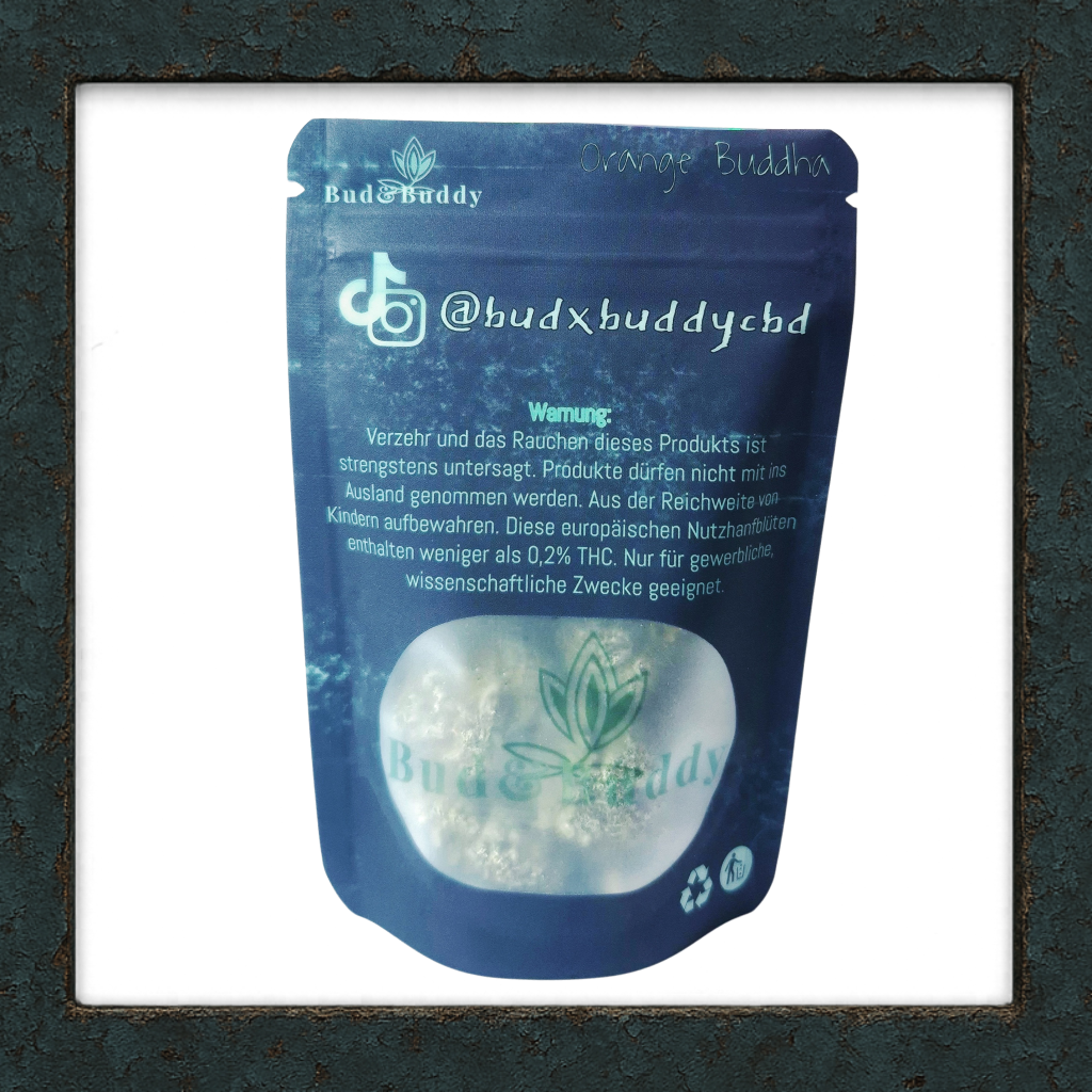 Rückseite der Orange Buddha Verpackung mit Pflichtangaben und Aromahinweis